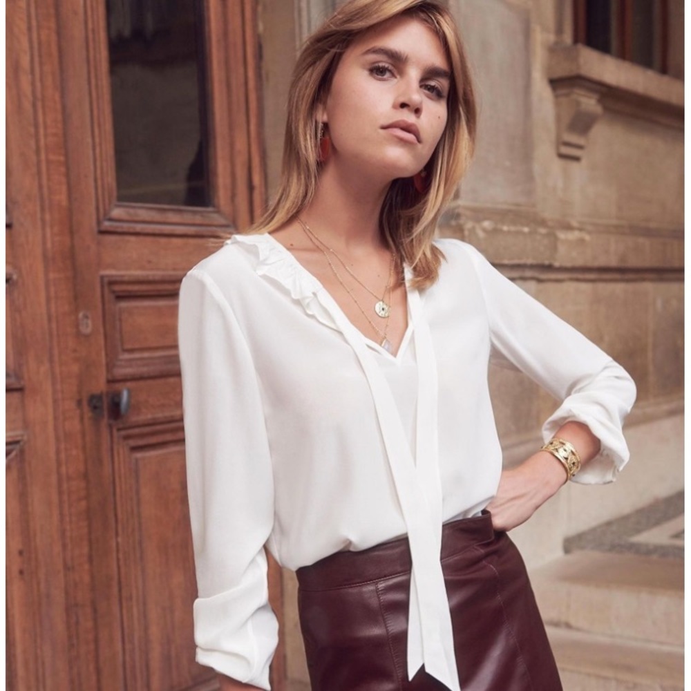 Sezane silk cream ruffle neck blouse, tie detail.